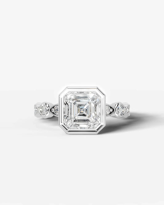 Asscher Cut Lab Diamond bezel Engagement Ring with bezel set side stones| D VS1