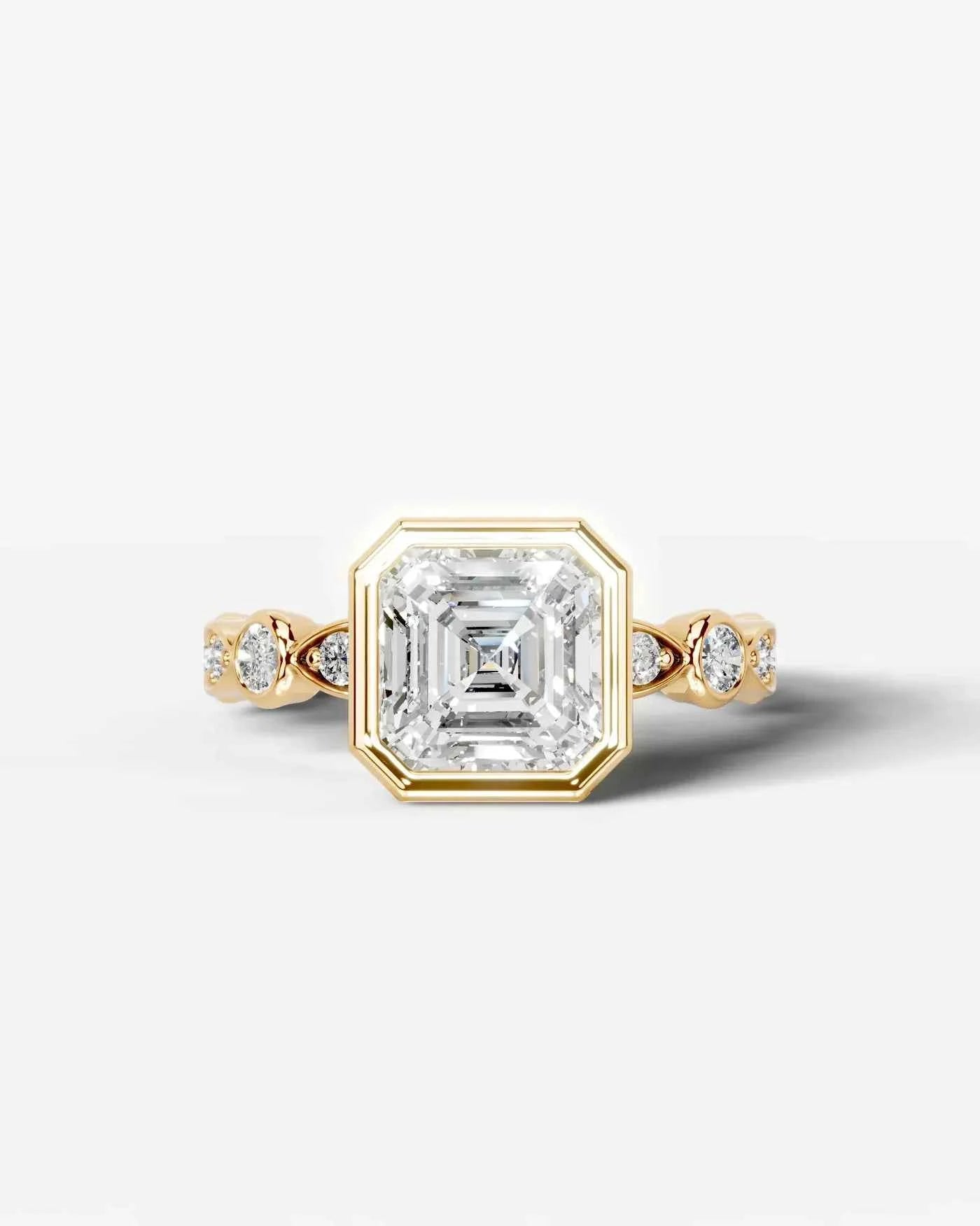 Asscher Cut Lab Diamond bezel Engagement Ring with bezel set side stones| D VS1