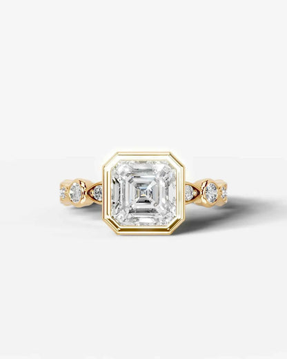 Asscher Cut Lab Diamond bezel Engagement Ring with bezel set side stones| D VS1