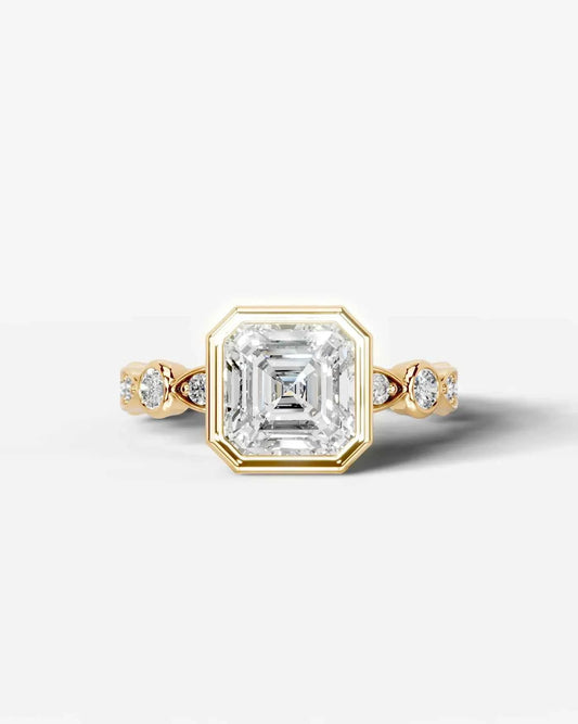 Asscher Cut Lab Diamond bezel Engagement Ring with bezel set side stones| D VS1
