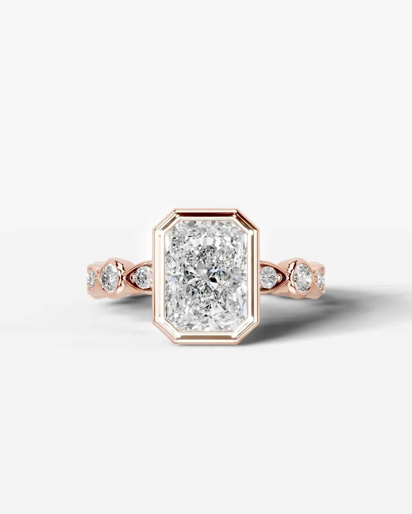 Radiant  Cut Lab Diamond bezel Engagement Ring with bezel set side stones| D VS1