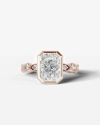 Radiant  Cut Lab Diamond bezel Engagement Ring with bezel set side stones| D VS1