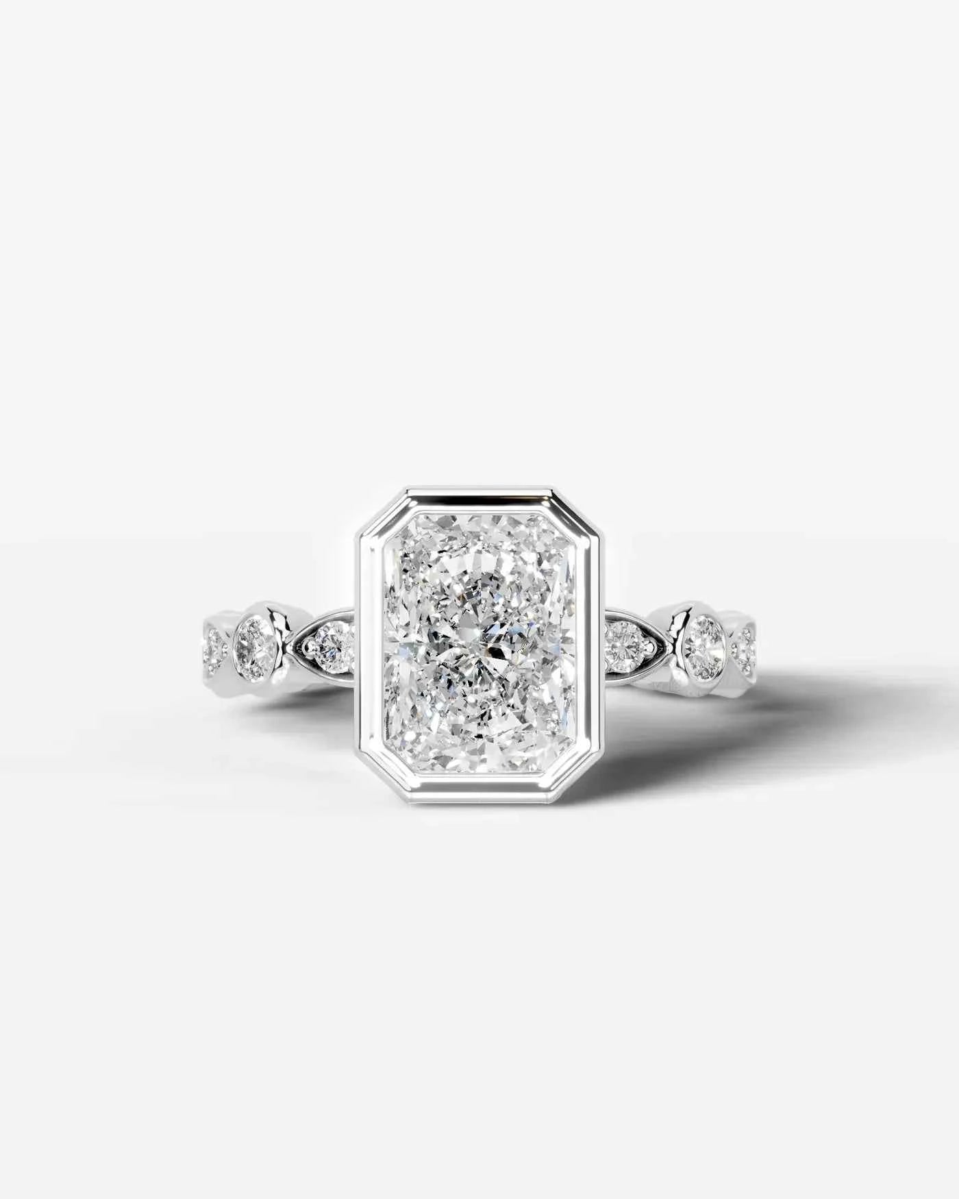 Radiant  Cut Lab Diamond bezel Engagement Ring with bezel set side stones| D VS1