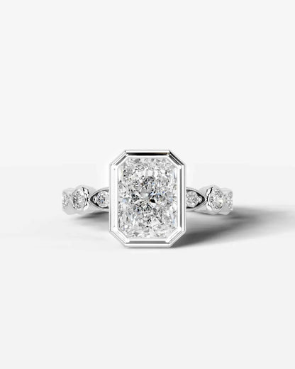 Radiant  Cut Lab Diamond bezel Engagement Ring with bezel set side stones| D VS1