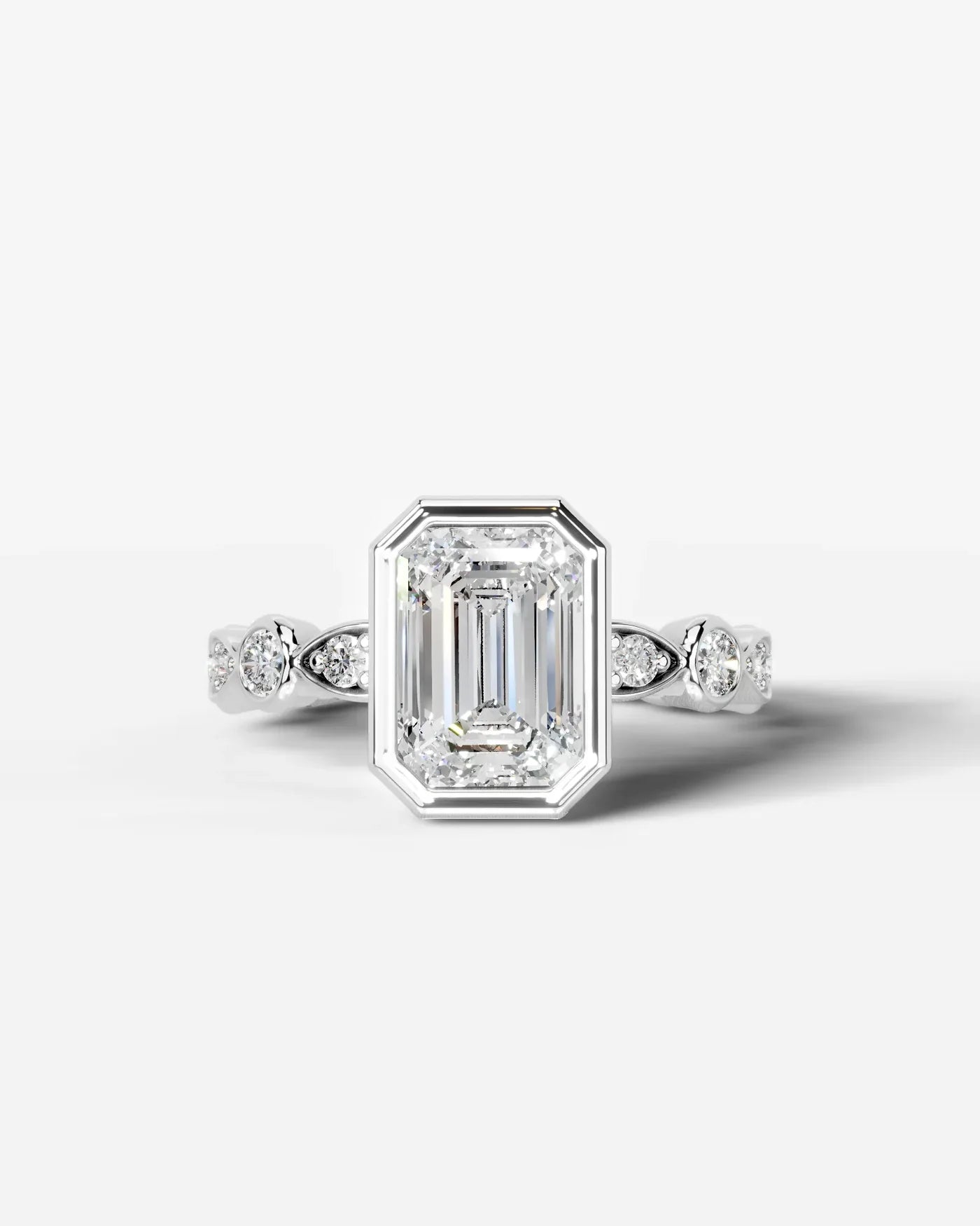 Emerald Cut Lab Diamond bezel Engagement Ring with bezel set side stones| D VS1