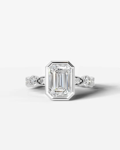 Emerald Cut Lab Diamond bezel Engagement Ring with bezel set side stones| D VS1