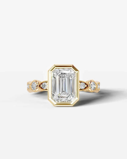 Emerald Cut Lab Diamond bezel Engagement Ring with bezel set side stones| D VS1
