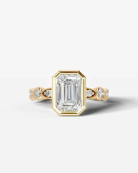 Emerald Cut Lab Diamond bezel Engagement Ring with bezel set side stones| D VS1