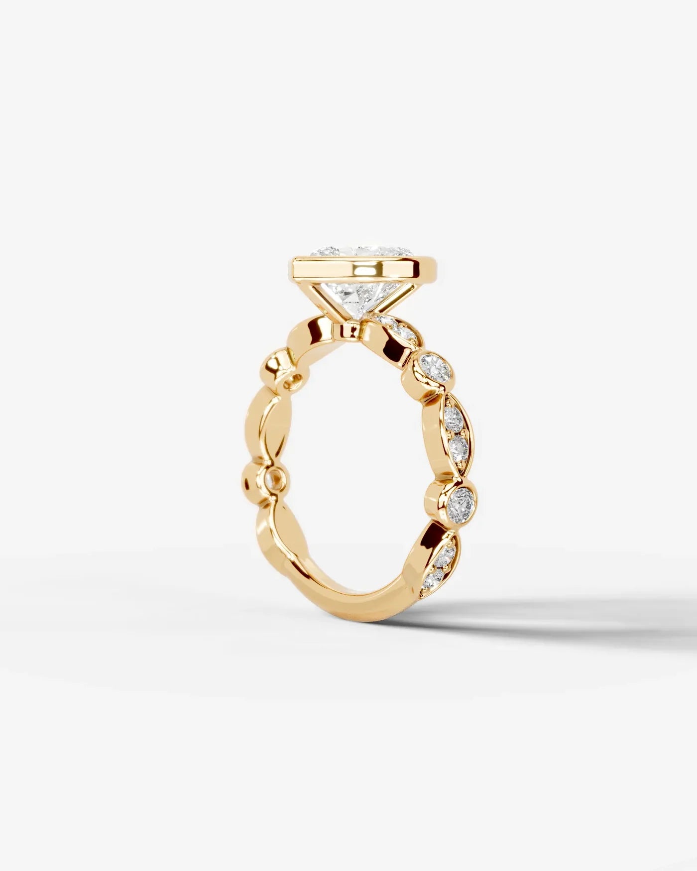 Heart Cut Lab Diamond bezel Engagement Ring with bezel set side stones| D VS1