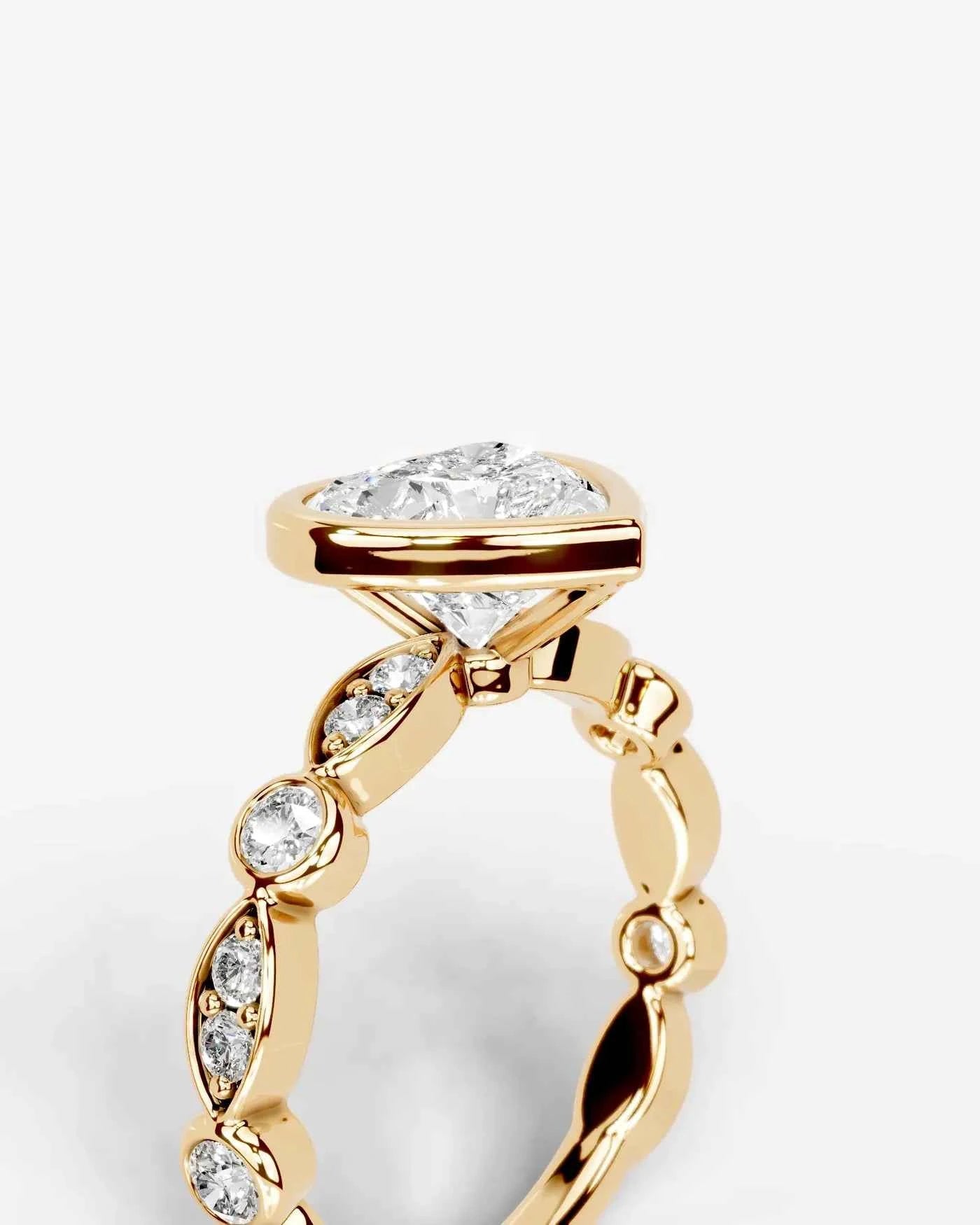 Heart Cut Lab Diamond bezel Engagement Ring with bezel set side stones| D VS1