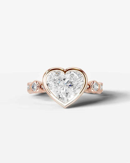 Heart Cut Lab Diamond bezel Engagement Ring with bezel set side stones| D VS1