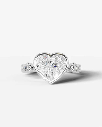 Heart Cut Lab Diamond bezel Engagement Ring with bezel set side stones| D VS1