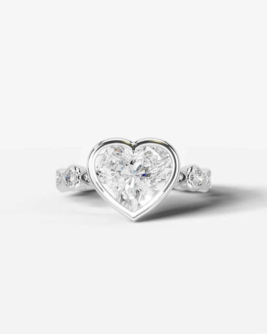 Heart Cut Lab Diamond bezel Engagement Ring with bezel set side stones| D VS1