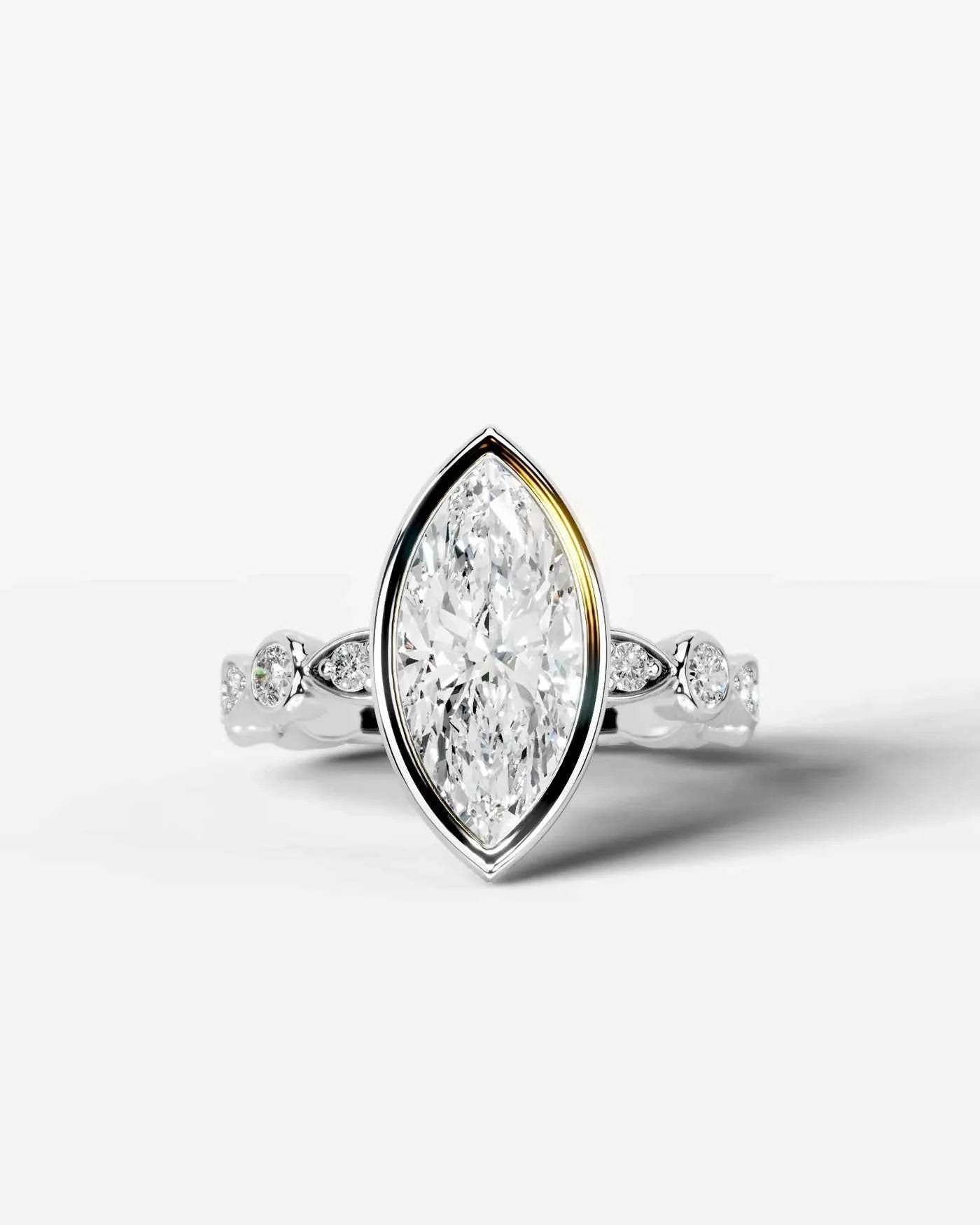 Marquise Cut Lab Diamond bezel Engagement Ring with bezel set side stones| D VS1