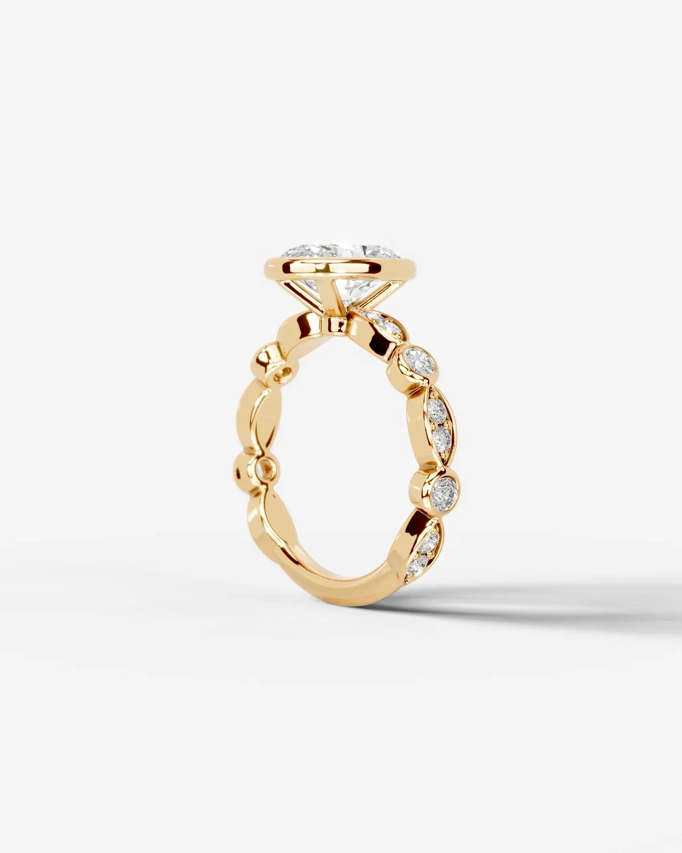 Oval Cut Lab Diamond bezel Engagement Ring with bezel set side stones| D VS1