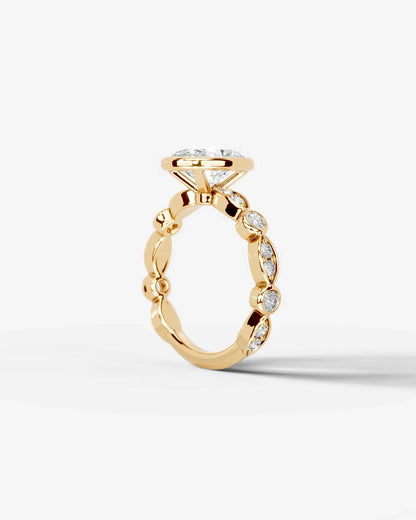 Oval Cut Lab Diamond bezel Engagement Ring with bezel set side stones| D VS1