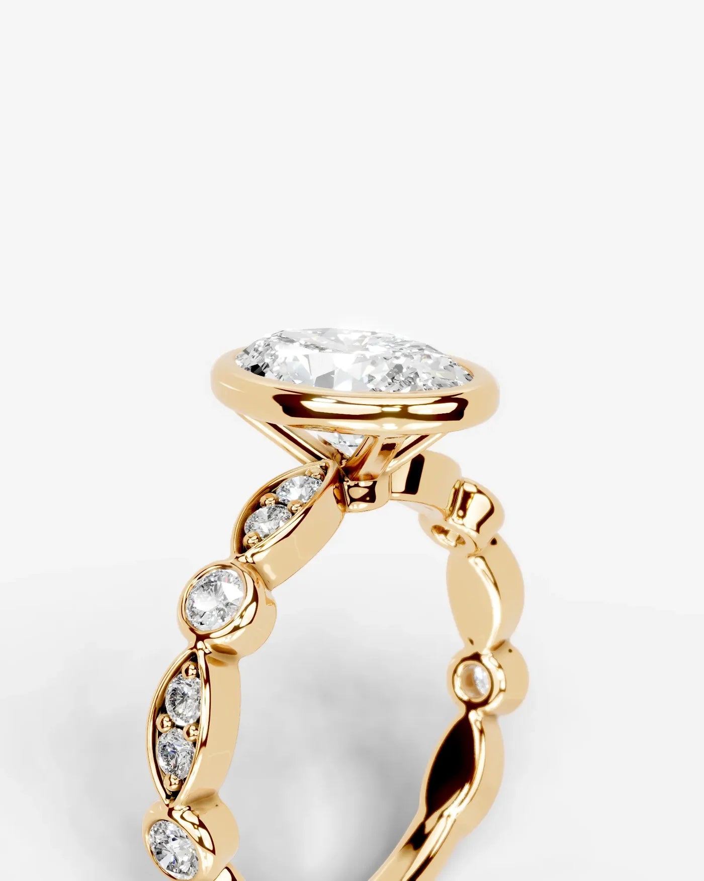 Oval Cut Lab Diamond bezel Engagement Ring with bezel set side stones| D VS1
