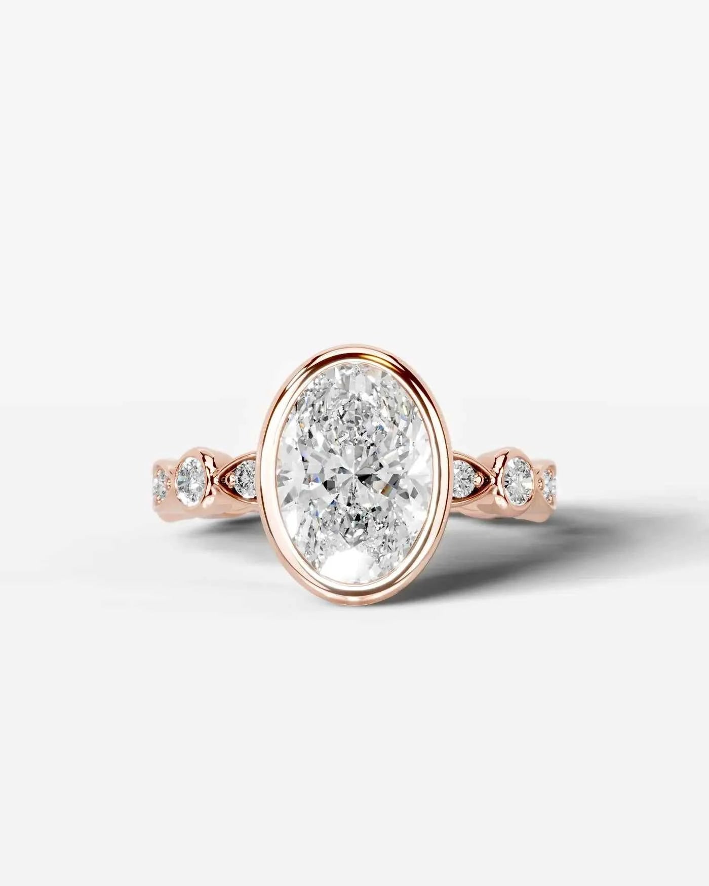 Oval Cut Lab Diamond bezel Engagement Ring with bezel set side stones| D VS1