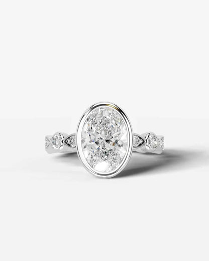 Oval Cut Lab Diamond bezel Engagement Ring with bezel set side stones| D VS1