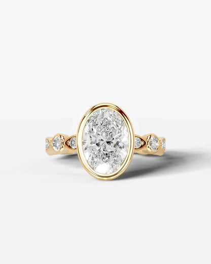 Oval Cut Lab Diamond bezel Engagement Ring with bezel set side stones| D VS1
