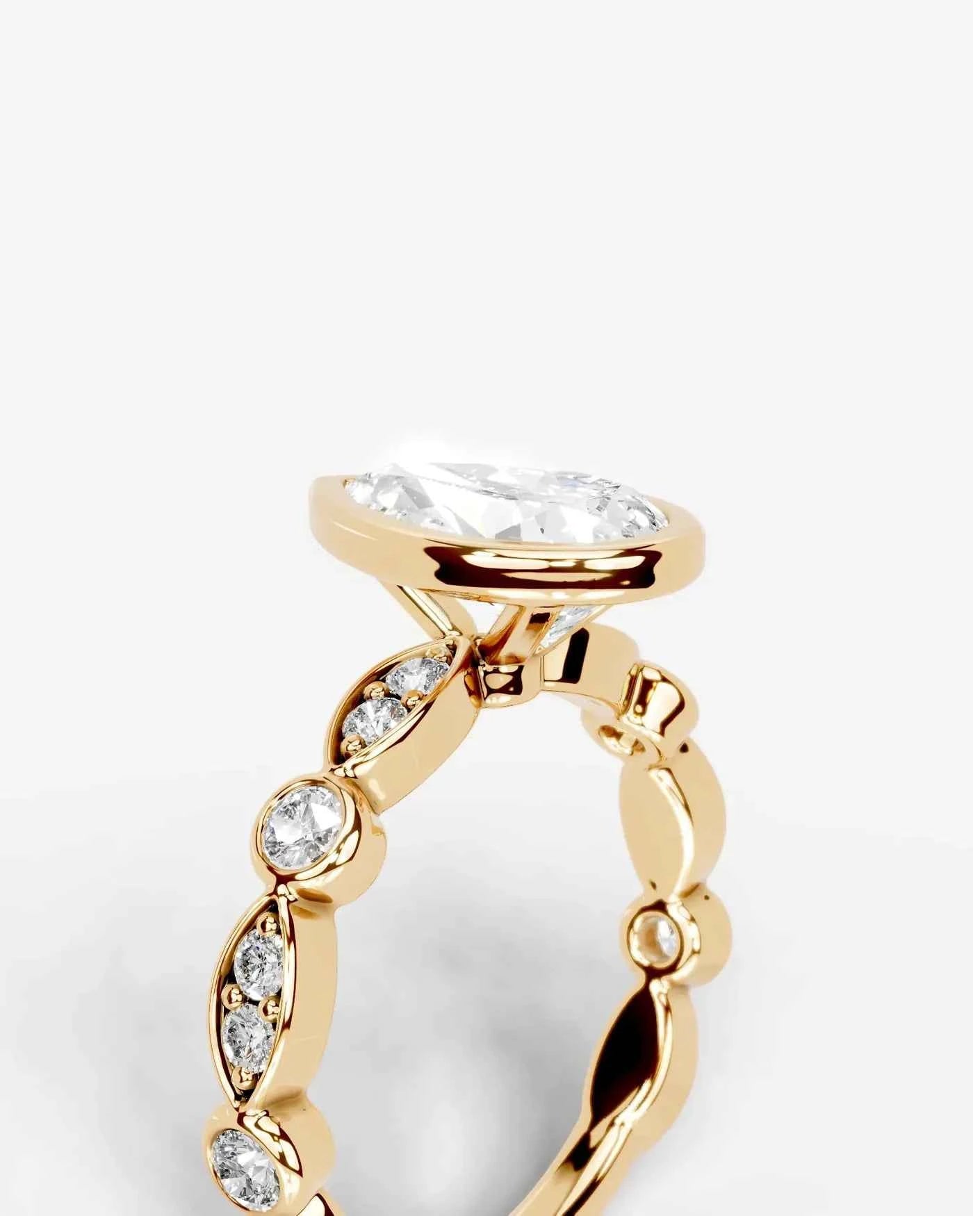 Pear Cut Lab Diamond bezel Engagement Ring with bezel set side stones| D VS1