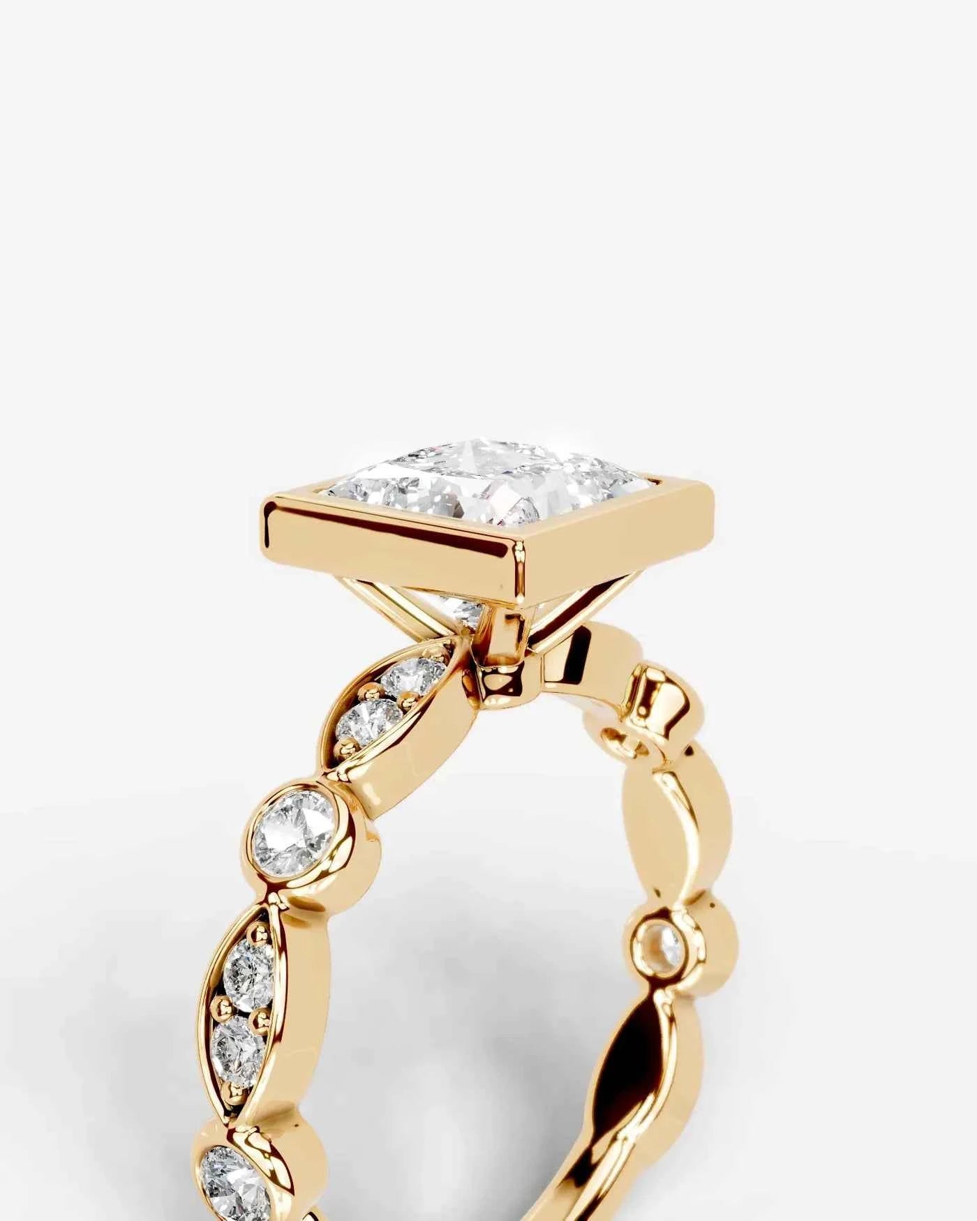 Princess Cut Lab Diamond bezel Engagement Ring with bezel set side stones| D VS1