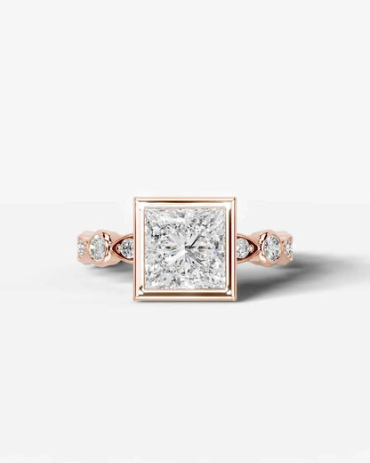 Princess Cut Lab Diamond bezel Engagement Ring with bezel set side stones| D VS1