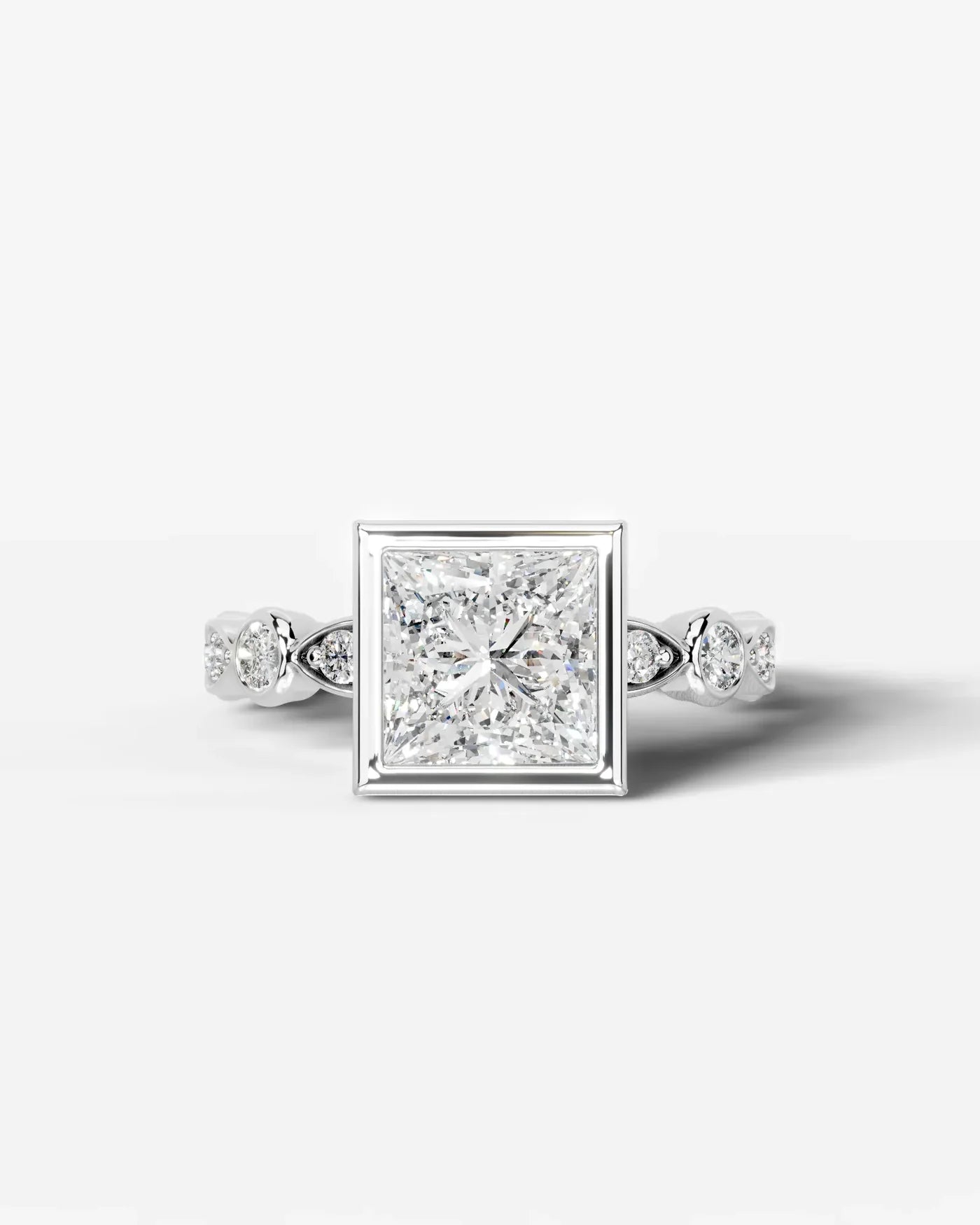 Princess Cut Lab Diamond bezel Engagement Ring with bezel set side stones| D VS1