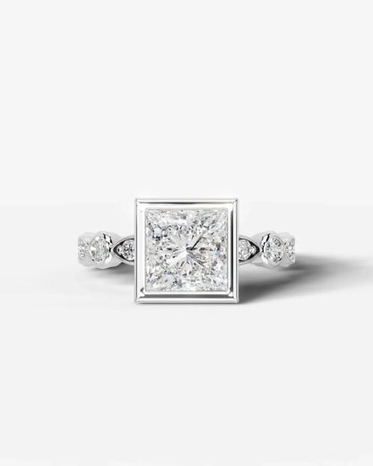 Princess Cut Lab Diamond bezel Engagement Ring with bezel set side stones| D VS1