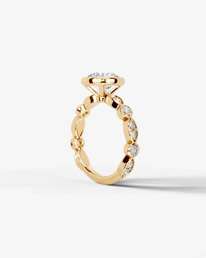 Round Cut Lab Diamond bezel Engagement Ring with bezel set side stones| D VS1