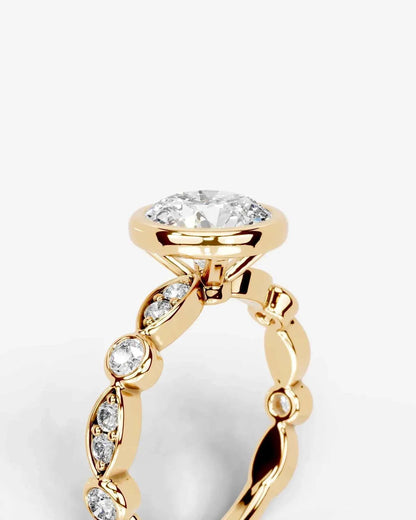 Round Cut Lab Diamond bezel Engagement Ring with bezel set side stones| D VS1