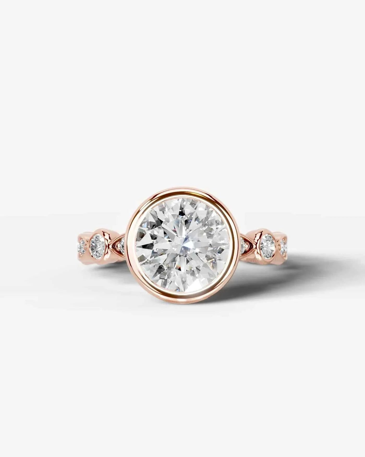 Round Cut Lab Diamond bezel Engagement Ring with bezel set side stones| D VS1
