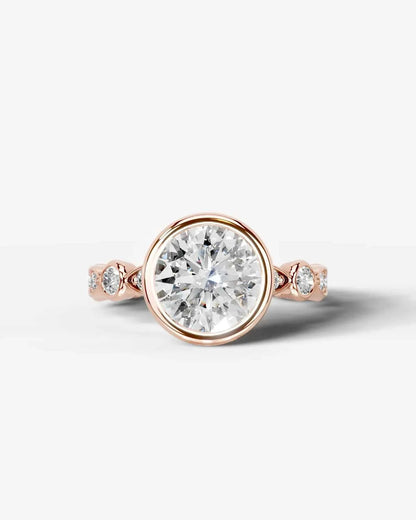 Round Cut Lab Diamond bezel Engagement Ring with bezel set side stones| D VS1