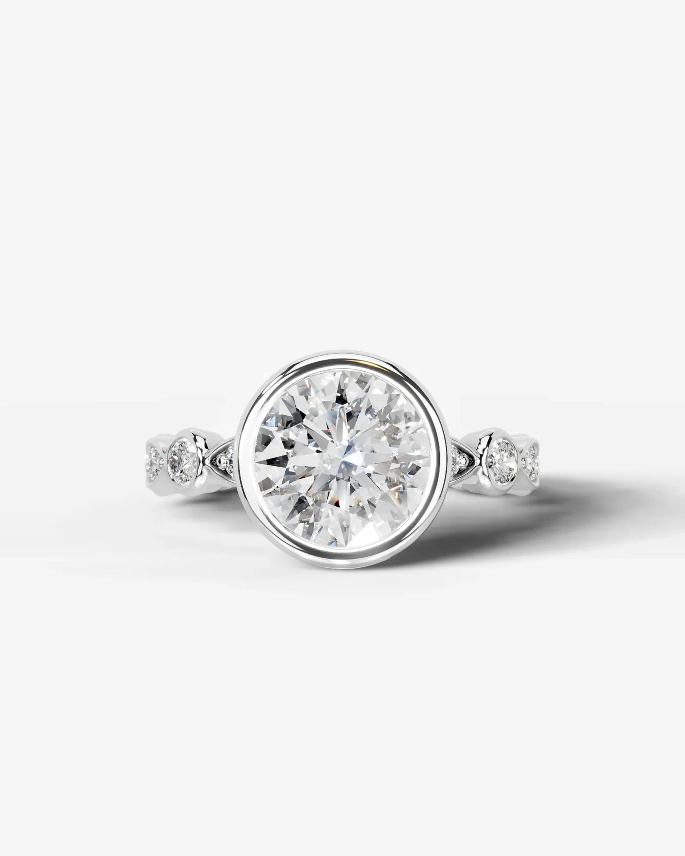Round Cut Lab Diamond bezel Engagement Ring with bezel set side stones| D VS1