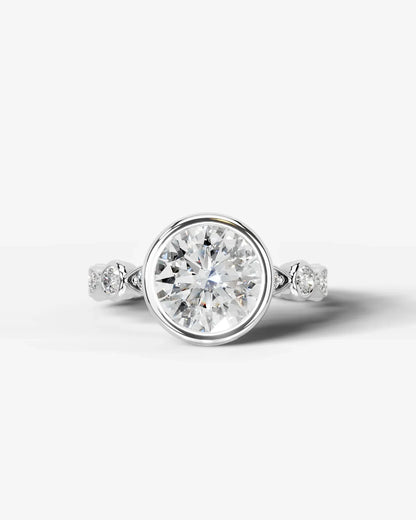 Round Cut Lab Diamond bezel Engagement Ring with bezel set side stones| D VS1
