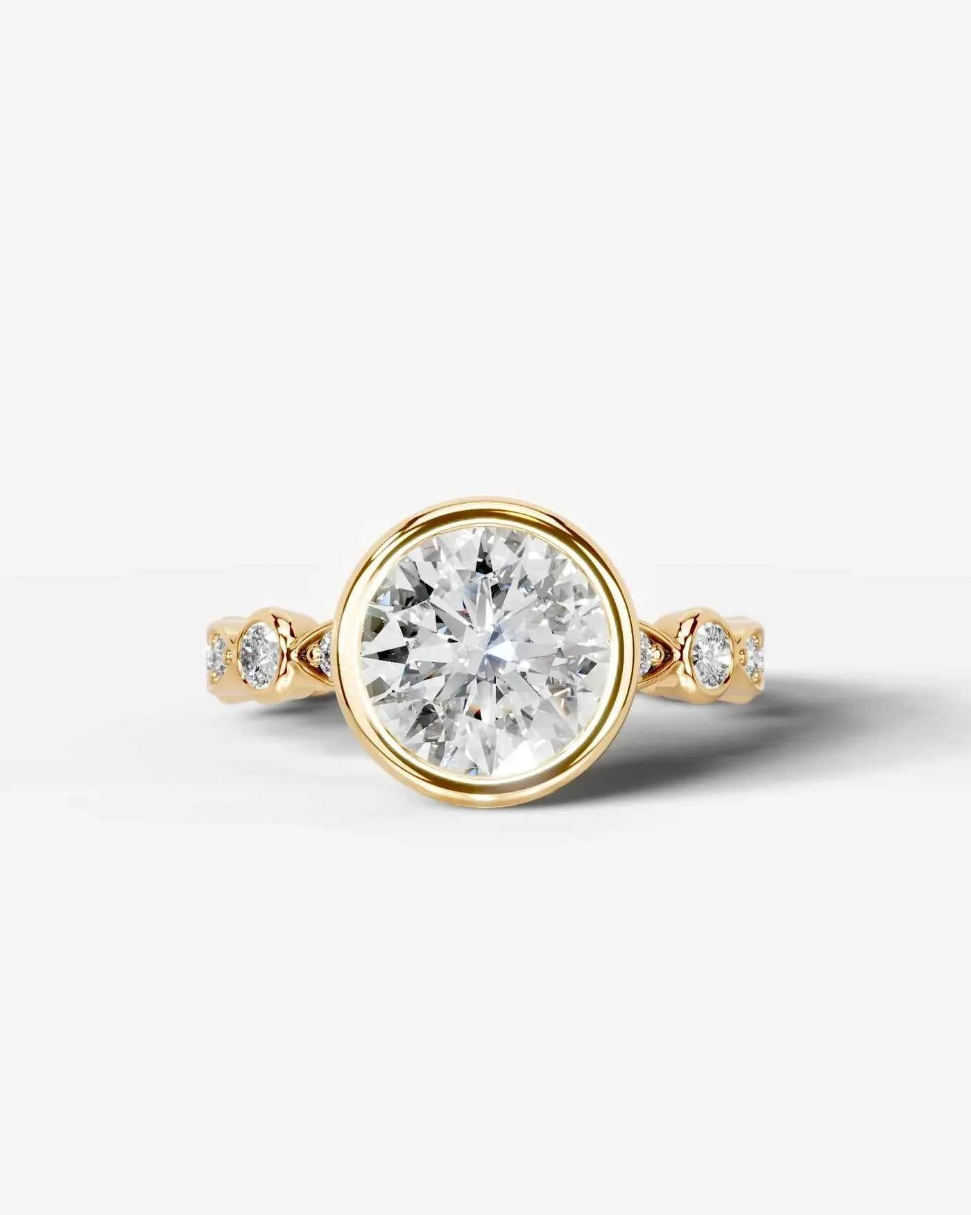 Round Cut Lab Diamond bezel Engagement Ring with bezel set side stones| D VS1