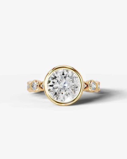 Round Cut Lab Diamond bezel Engagement Ring with bezel set side stones| D VS1