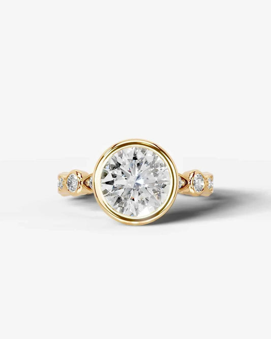 Round Cut Lab Diamond bezel Engagement Ring with bezel set side stones| D VS1