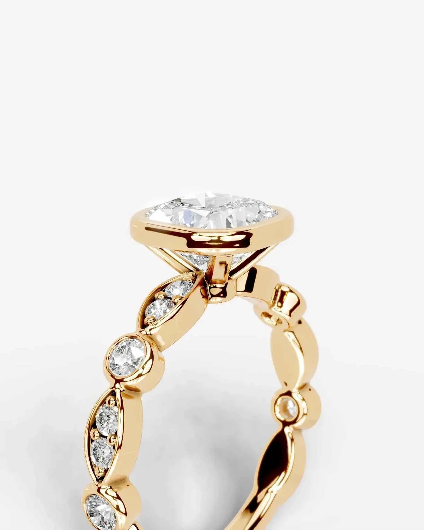 Cushion Cut Lab Diamond bezel Engagement Ring with bezel set side stones| D VS1