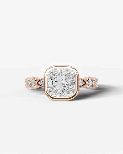 Cushion Cut Lab Diamond bezel Engagement Ring with bezel set side stones| D VS1