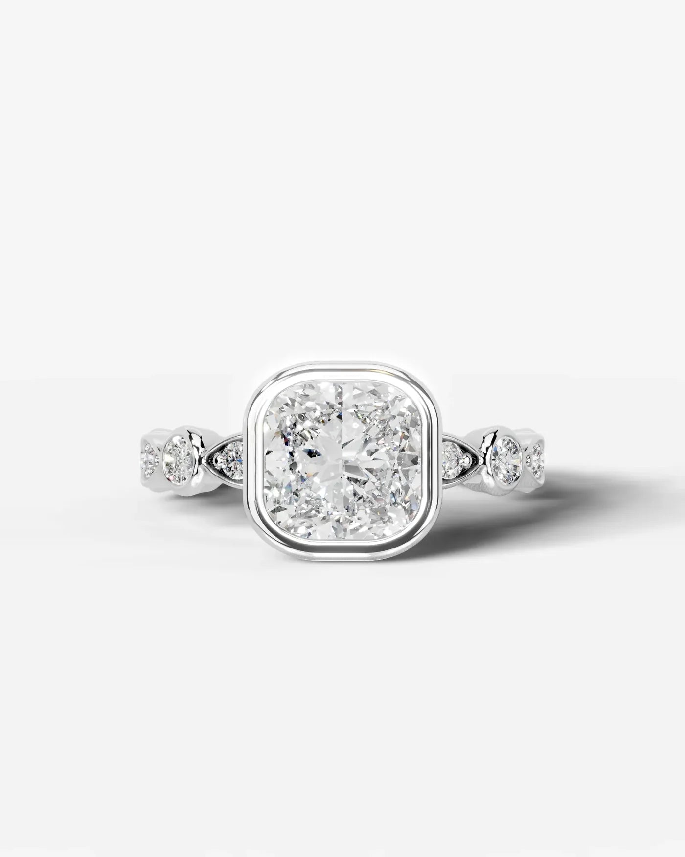 Cushion Cut Lab Diamond bezel Engagement Ring with bezel set side stones| D VS1