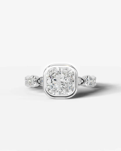 Cushion Cut Lab Diamond bezel Engagement Ring with bezel set side stones| D VS1