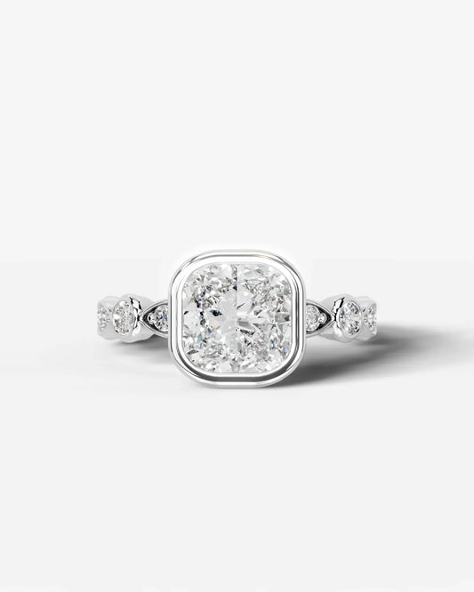 Cushion Cut Lab Diamond bezel Engagement Ring with bezel set side stones| D VS1