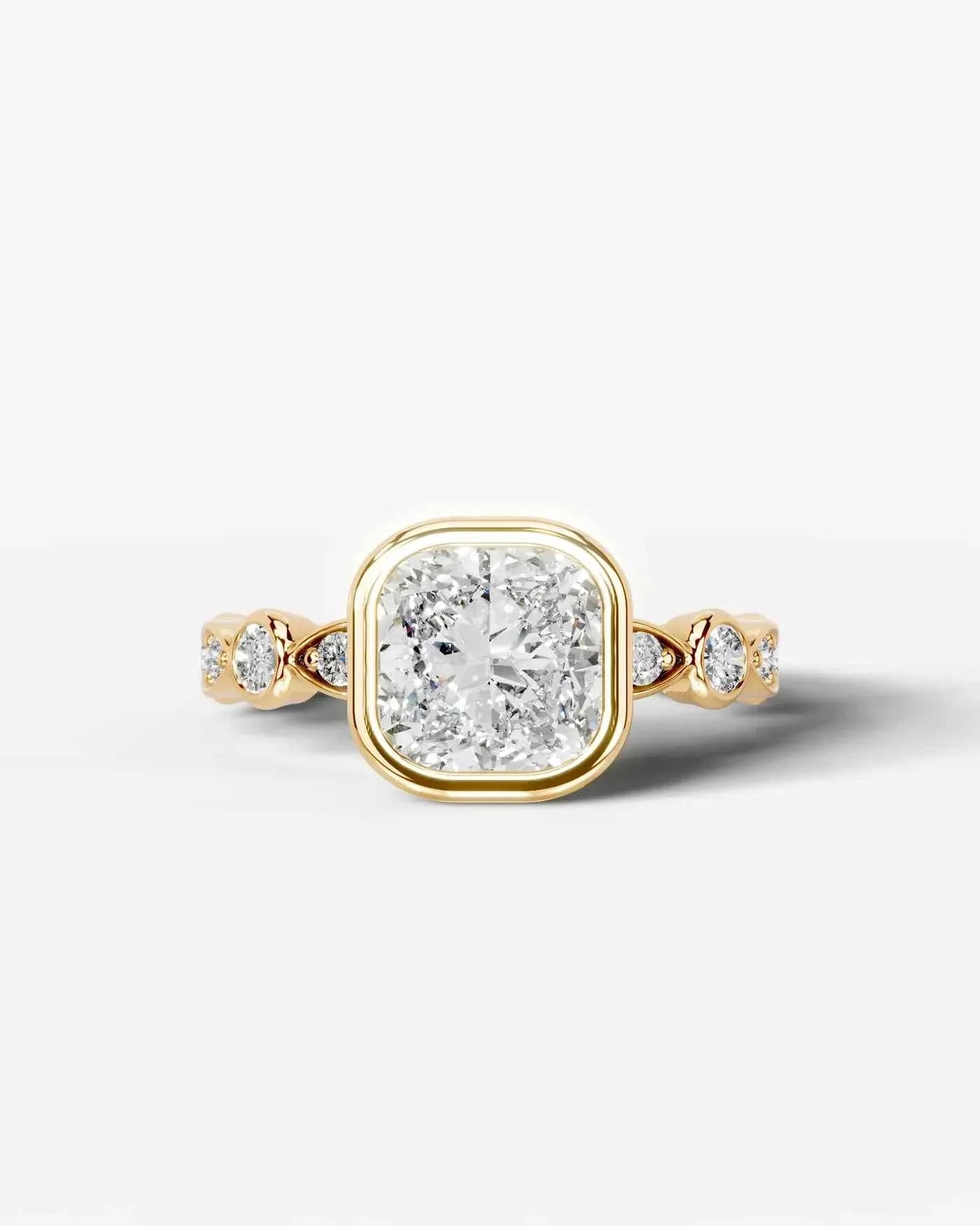 Cushion Cut Lab Diamond bezel Engagement Ring with bezel set side stones| D VS1
