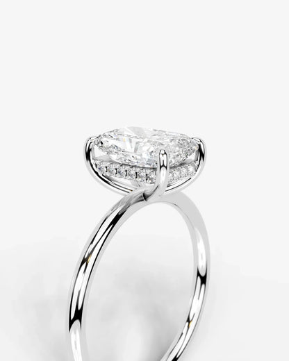 Elongated Cushion Cut Hidden Halo Lab Grown Diamond Engagement Ring and Four-Prong Setting| D VS1