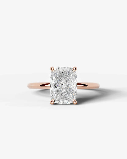Elongated Cushion Cut Hidden Halo Lab Grown Diamond Engagement Ring and Four-Prong Setting| D VS1