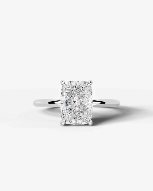 Elongated Cushion Cut Hidden Halo Lab Grown Diamond Engagement Ring and Four-Prong Setting| D VS1