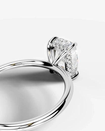 Elongated Cushion Cut Hidden Halo Lab Grown Diamond Engagement Ring and Four-Prong Setting| D VS1