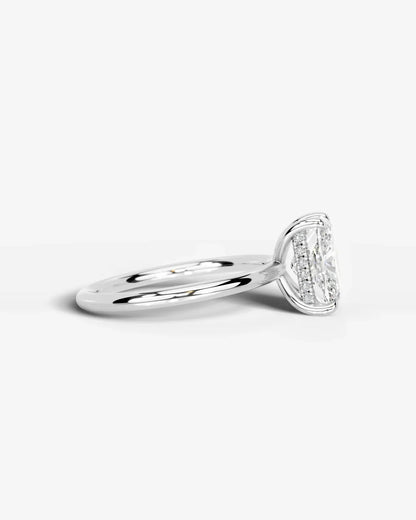 Elongated Cushion Cut Hidden Halo Lab Grown Diamond Engagement Ring and Four-Prong Setting| D VS1