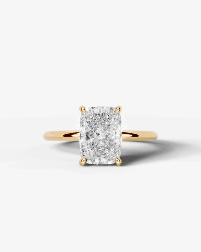 Elongated Cushion Cut Hidden Halo Lab Grown Diamond Engagement Ring and Four-Prong Setting| D VS1